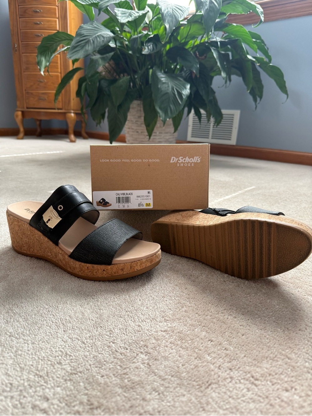 Dr. Scholl's Black Double-Band Cork Wedge Slide Sandals